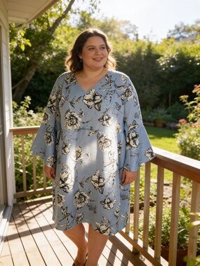 Love Squared 3X Blue Floral Bell Sleeve Shift Dress Plus Size